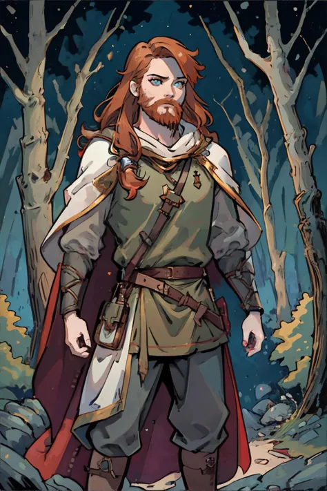 <lora:norsemensclothes:0.7>, norsemenclothes, tall redhead man in forest, beard, long hair, tunic, cloak, cape, belt, satchel, l...