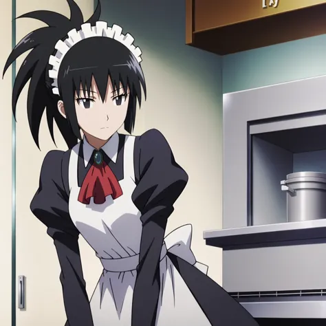 anime character in uniform standing in kitchen with a large pot