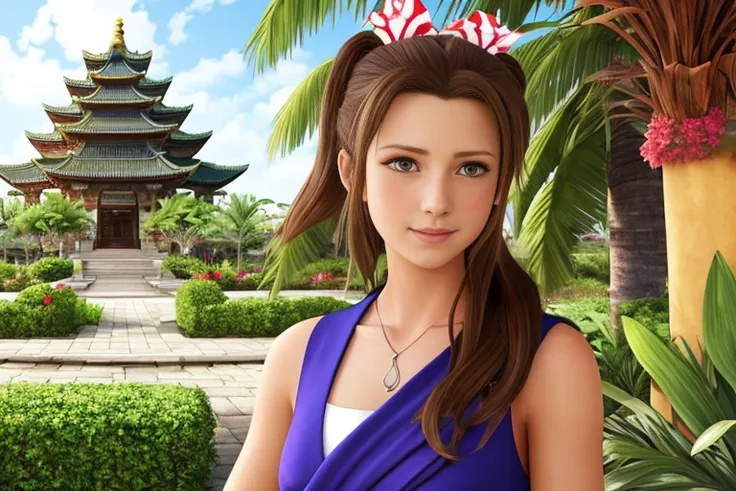 a professional photo of the aerith gainsborough from final fantasy, red bow on her head, detailed face, detailed eyes, brown hai...