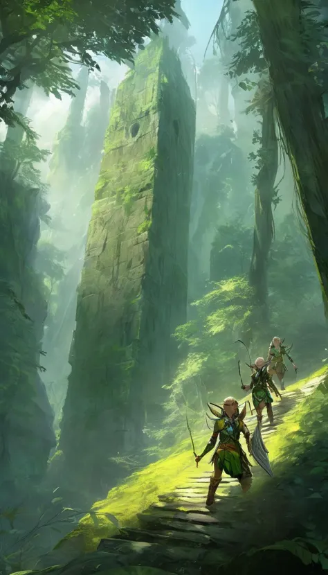 Cinematic scene, a group of elves embark on a perilous journey through the dense forests of the northern lands, seeking out ancient ruins rumored to hold ancient secrets, masterpiece, best quality, high quality, highres, absurdres, vivid, Guild Wars 2 