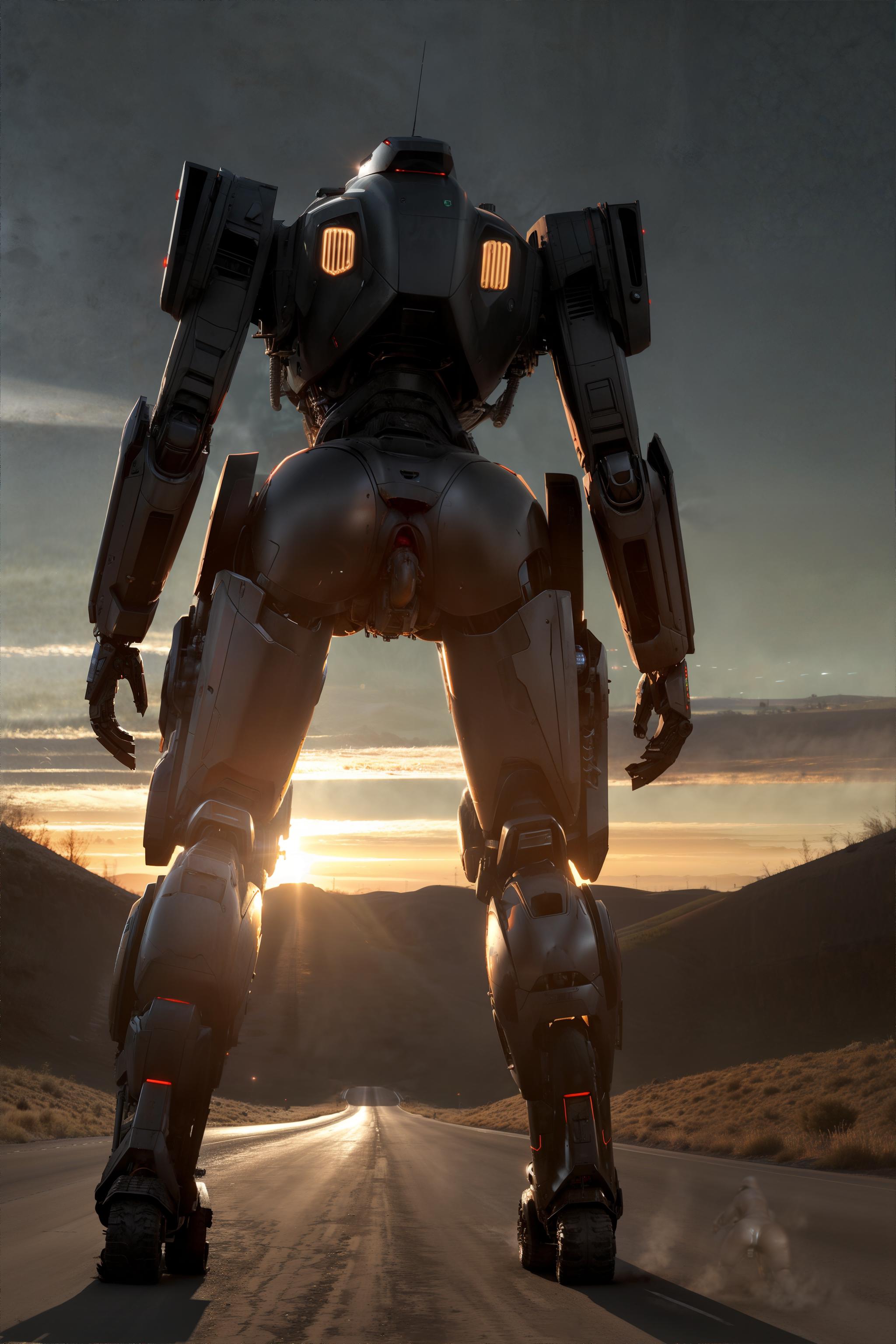 A close up of a robot standing on a road with the sun setting - SeaArt AI