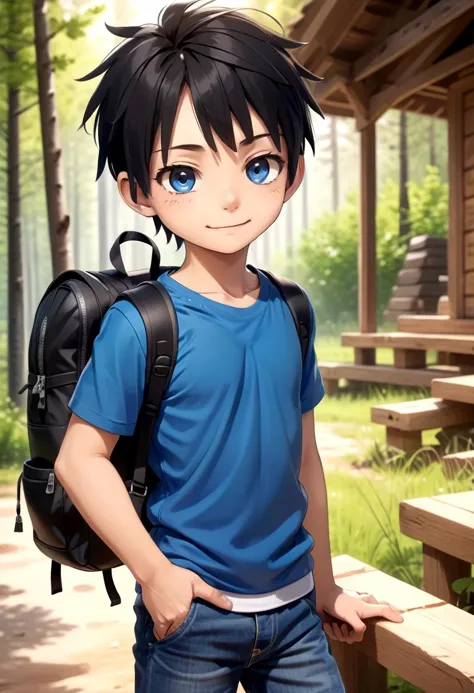 anime boy with backpack standing in front of a cabin