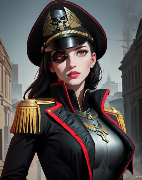 ((Masterpiece, best quality,edgQuality)),
edgCommissar, upper body, weapon, woman, uniform, epaulettes ,wearing edgCommissar,(((artificial eye))),skull emblem,millitary uniform,hat,
<lora:edgWar40kCommissarv1:1>