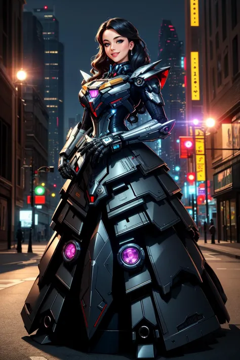 ((Masterpiece, best quality,edgQuality)),
smiling,excited, edgMecha, a woman in a ([mecha suit|ballgown]::0.5) standing in front of a city at night ,woman wearing edgMecha_ballgown, mecha ballgown
 <lora:edgRoboGown:1>