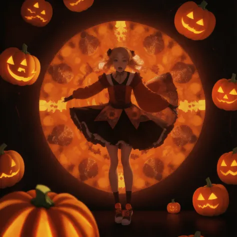 a close up of a girl in a dress and a pumpkin