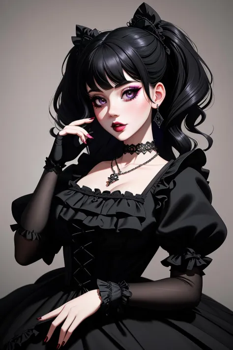 ((Masterpiece, best quality)), edgQuality,bimbo,glossy,
GothGal, a woman in a black dress posing for a picture, frills, lace ,short sleeves, choker, lace gloves,necklace, woman wearing a GothGal outfit
 <lora:edgGothGal_MINI:1>