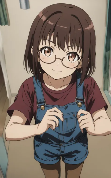 a close up of a person wearing glasses and overalls