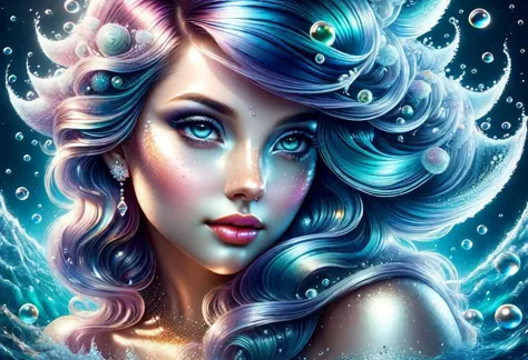 amazing hyper detailed beautiful mermaid ,  small portrait head shot, hyper detailed curls muted colors hair, big realistic eyes...