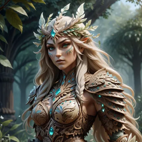 a woman in armor standing in a forest with trees