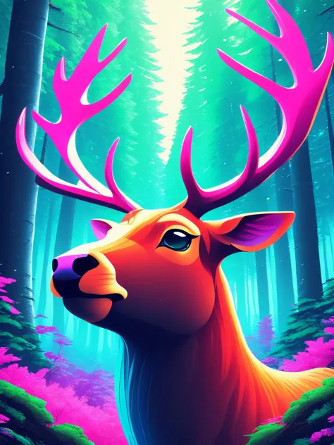 illustration, digital art, basety style,  uodenim style,
reindeer, animal focus,
medium shot, sharp focus, magical forest, high resolution, best quality, 4k, UHD, unreal engine,
focused,
cgsociety, detailed,
[(colorful explosion psychedelic toxic neon paint colors:1.2)::0.50],