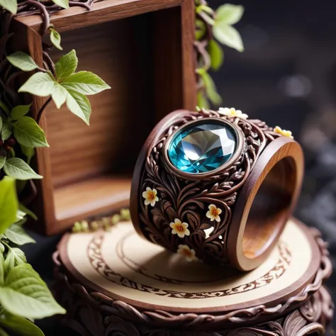 (druidic vine and flower ring:1.2), miniature, tiltshift, macro product display, ornate wooden box with engraved leaves