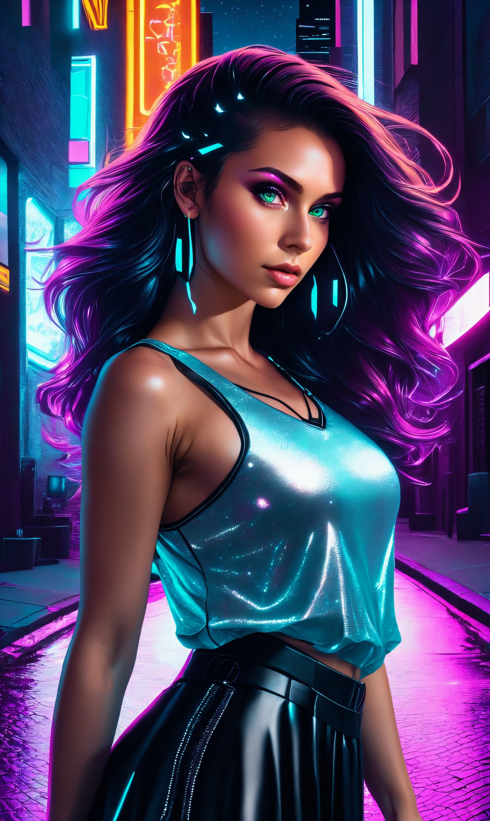 A close up of a woman in a shiny top and a neon background - SeaArt AI