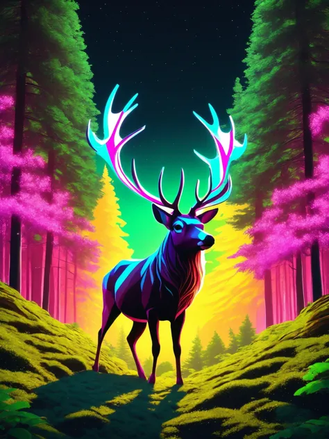 illustration, digital art, basety style,  othalama style,
reindeer, animal focus,
medium shot, sharp focus, magical forest, high resolution, best quality, 4k, UHD, unreal engine,
focused,
cgsociety, detailed,
[(colorful explosion psychedelic toxic neon paint colors:1.2)::0.50],