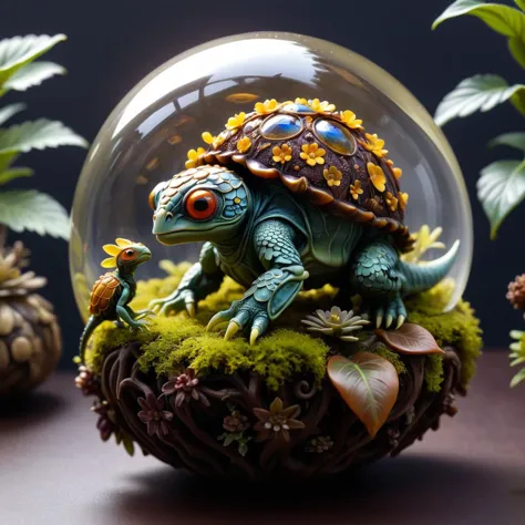 druidic glass amber orb containing a terrarium with little miniature shrunken turtles with flower hats