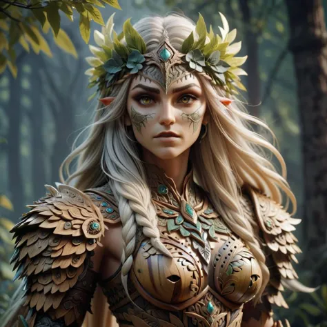 ornate druidic wooden armour made of flowers, warrior princess with long flowing blonde hair