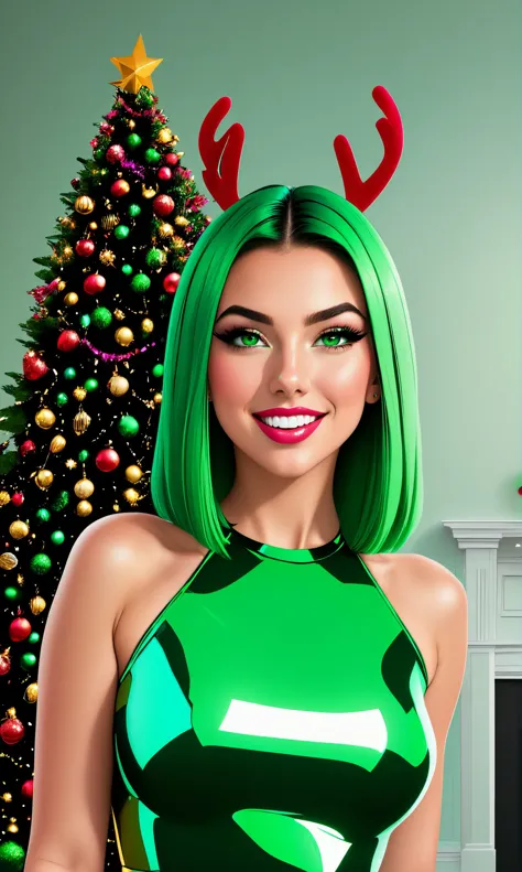 basety style, abbe bi style, ([Emily Ratajkowski|Audra Miller|Taylor Swift|ivy lebelle]:1.0) standing, glowing green hair, reindeer costume, middle shot, centered, looking at viewer, red dress,
21 year old woman, glamour eyes, interior design, studio, reholiday theme, sparkling starburst green eyeshadow, Christmas, Christmas tree background,
mascara, plush lips, pink lipstick, smile, straight white teeth, shiny skin,
alluring, attractive, amazing, masterpiece, best quality, (abrasive:0.7),