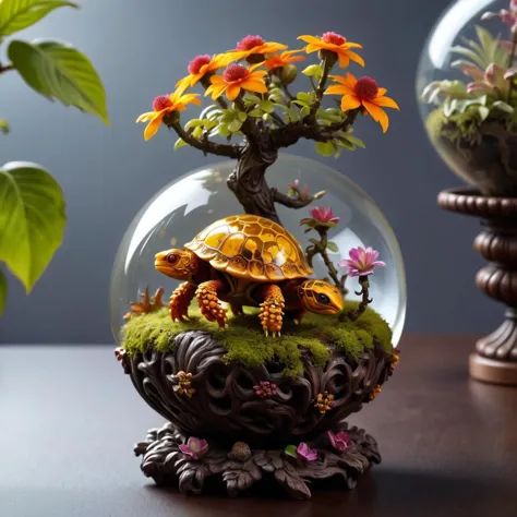 druidic (glass amber orb:1.25) (containing a terrarium:1.2) with little miniature shrunken turtles with (flower hats:1.2)