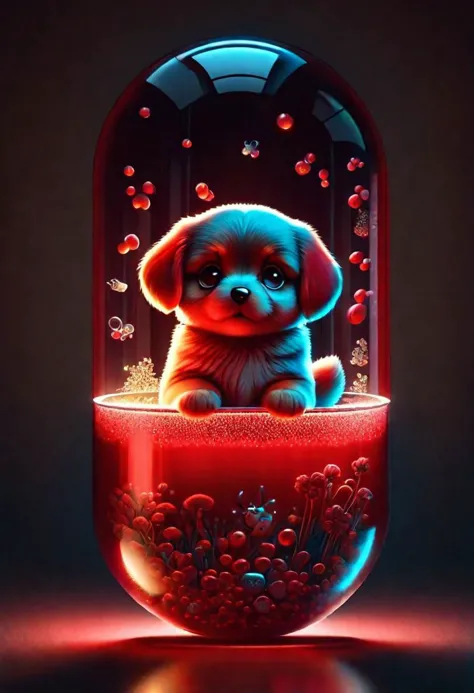 red pill, inside the pill cute dog, highly detailed clean, beautiful detailed intricate, 8K, sharp focus, dim dusk, atmospheric lighting, behance contest winner, featured on unsplash, vector art, close-up, hyper detailed, trending on artstation, sharp focus, studio photo, intricate details, highly detailed, partially transparent