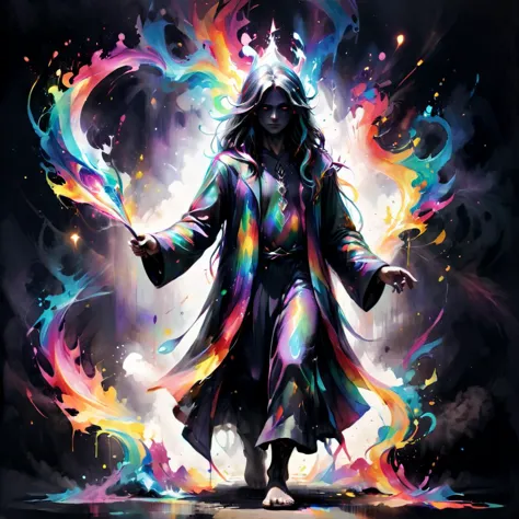 a vanta black magick wielding wizard walking away from the viewer wearing flowing rainbow robes, High-quality, Hyper-maximalism,...