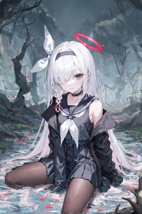 sfw, 1girl, Plana, red halo, grey eyes, white hair, long hair, single braid, hair over one eye, flat chest, black hairband, white hair bow, black sailor collar, black serafuku, black choker, black pantyhose, black skirt, black jacket, legs over head, Decayed Swamp,Decayed vegetation, murky and dirty water, twisted trees, eerie atmosphere<lyco:arona_plana:1.0>