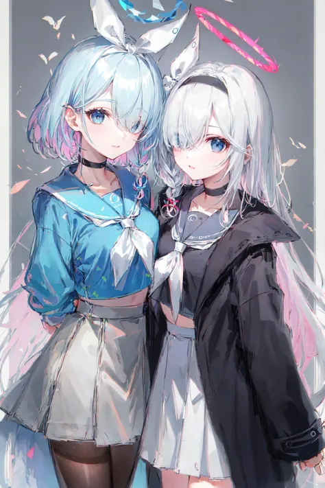 sfw, multiple girls, 2girls, BREAK 
Arona, (blue halo:1.1), blue eyes, blue hair, short hair, single braid, hair over one eye, flat chest, BREAK
Plana, red halo, grey eyes, white hair, long hair, single braid, hair over one eye, flat chest, BREAK
white hair bow, white hairband, blue shirt, white sailor collar, white skirt, white choker BREAK
black hairband, white hair bow, black sailor collar, black serafuku, black choker, black pantyhose, black skirt, black jacket<lyco:arona_plana:1.0>