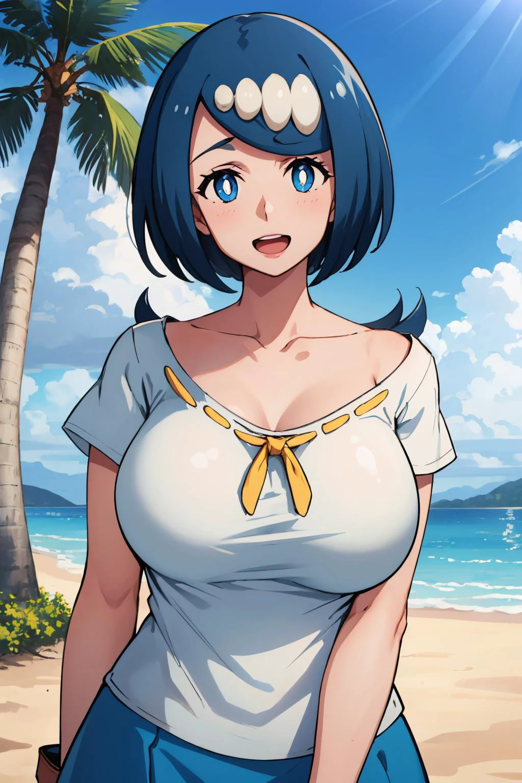 masterpiece, best quality, lanamother, white pupils, long hair, hair ornament, shirt, short sleeves, blue and white skirt, upper body, large breasts, collarbone, (off-shoulder:0.4), mature female, wide hips,  looking at viewer, smile, beach, palm trees, boardwalk, open mouth, happy