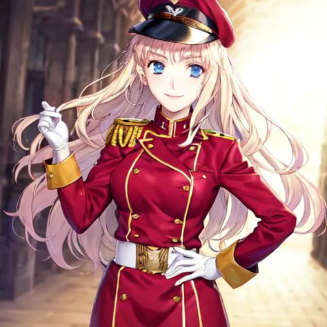 <lyco:macrossfrontier_nome-08:1.0>cowboy shot, solo, 1girl, sheryl nome, smile, closed mouth, looking at viewer, peaked cap, military uniform, long sleeves, gloves, <lyco:galaxy_loha_0.0001:-0.75> best quality, masterpiece