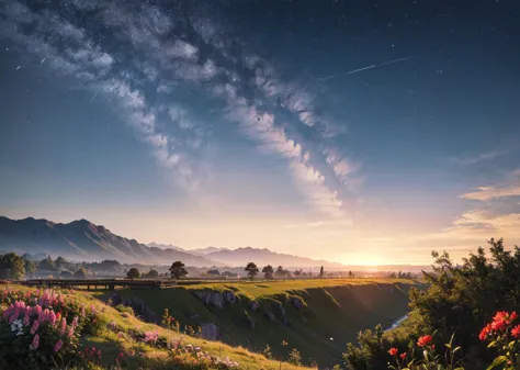 a view of a beautiful mountain landscape with a bridge and flowers