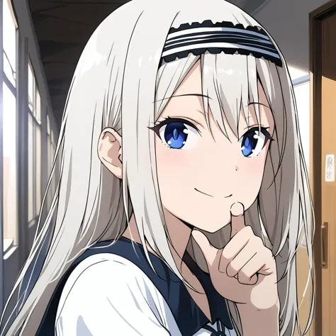 anime girl with long white hair and blue eyes posing for a picture