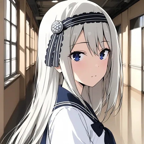 anime girl with long white hair and blue eyes in a hallway