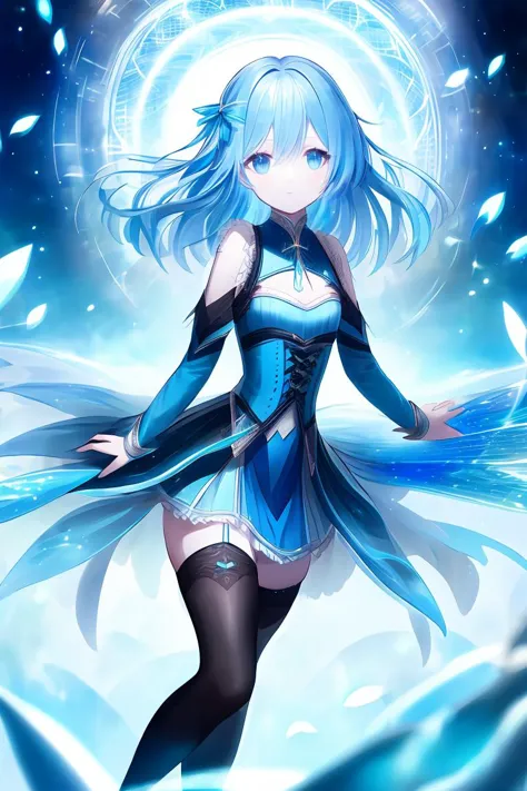 a girl with blue hair and a blue dress is standing in the snow