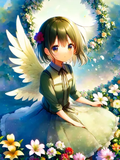 anime girl with angel wings sitting in a flower garden