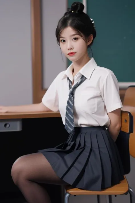 best quality, masterpiece, real,realistic, photo,photorealistic,cosplay photo,sitting on desk, from below, thighs focus, crossed legs, 
1girl, 26yo chinese,indoors, very long hair,hair bun,bangs,school uniform, collared shirt,pleated skirt, pantyhose,loafe...