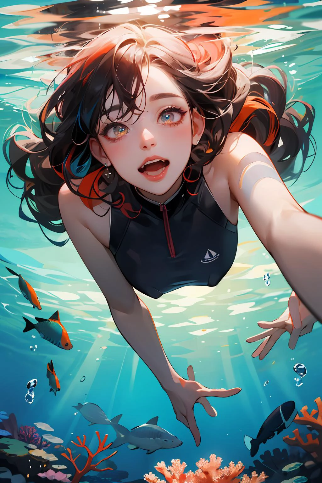 absurdres, highres, ultra detailed, 1girl, solo, extremely detailed eyes, multicolored hair, curly hair, coral eyes, , Diving_underwater_to_view_marine_life,, heavy breathing (panting)