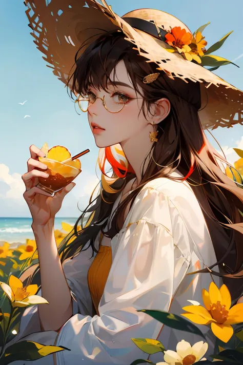 absurdres, highres, ultra detailed, 1girl, solo, extremely detailed eyes, starfish, seashell, shell, flower, hat, hair ornament, jewelry, straw hat, looking at viewer, sunglasses, hat flower, drinking straw, hairclip, earrings, red flower, tinted eyewear, yellow flower, bangs, english text, multicolored hair, orange flower, black hair, ring, cup, long hair, orange-tinted eyewear, food, brown hair, portrait, shell hair ornament