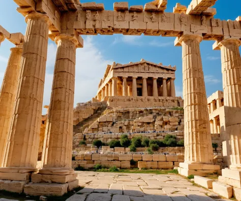 The Parthenon: Craft an intricate portrayal of the Parthenon, the ancient Greek temple atop the Acropolis in Athens, capturing its majestic columns and sculptural friezes.