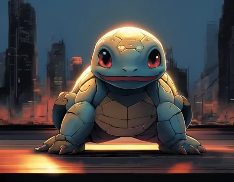 a close up of a pokemon sitting on a platform in front of a city