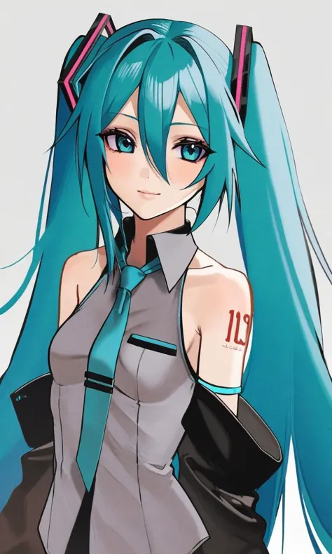 by teketo, hatsune miku, vocaloid, 1girl, solo, necktie, long hair, twintails, upper body, detached sleeves, smile, shirt, tattoo, bare shoulders, looking at viewer, aqua hair, white background, sleeveless, cropped torso, sleeveless shirt, black sleeves, aqua eyes, aqua necktie, simple background, grey shirt, very long hair, hair ornament, shoulder tattoo, hair between eyes, blue eyes, closed mouth, headphones, breasts, collared shirt, small breasts