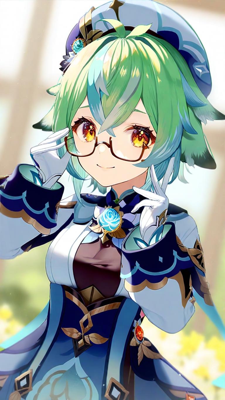 A close up of a person with glasses and a green hair - SeaArt AI