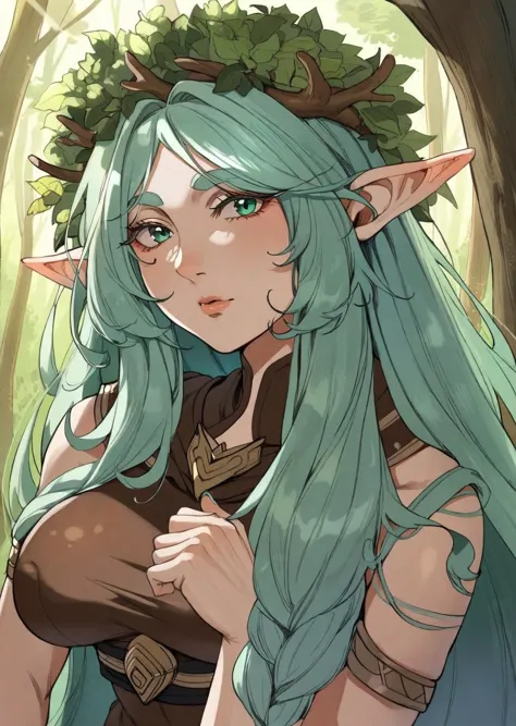 by demizu posuka
1girl , druid, mature, elf
long hair
detailed face
forest
amazing quality, best quality, high quality