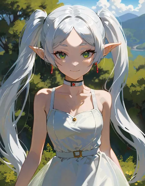 1girl, frieren, elf, cowboy shot, outdoors, sky, nature, horizon, natural face, kind smile, beautiful, lovesome, peaceful, green eyes, multicolored eyes, eyes designed by Ilya Kuvshinov, beautiful detailed hair, white hair, grey hair, long hair, transparent hair, twintails, wind effects, pointy ears, parted bangs, collarbone, bare shoulders, white dress, sleeveless dress, intricately detailed lace, red earrings, floral, green carpet, Pompon Chrysanthemum, beautiful color, detailed, aesthetic, amazing quality, best quality, high quality, masterpiece, 