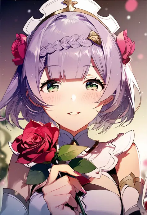 amazing quality, by rella, 1girl, Noelle Genshin Impact, green_eyes, grey_hair, blush, shy, parted lips, holding rose, birthday,...