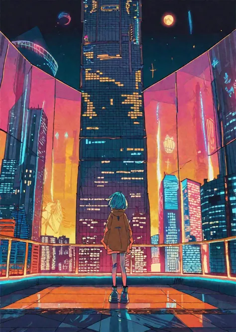 (by tsvbvra),
1girl
As the protagonist stands atop the towering skyscraper, a colossal hologram of a girl fills the night sky in...