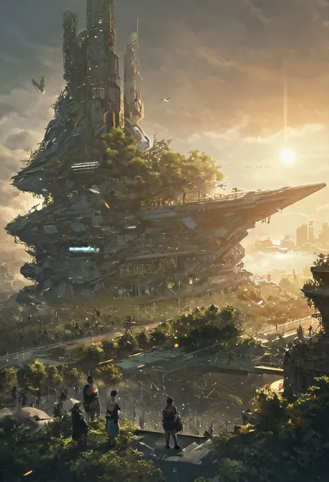 a group of people standing on a hill near a futuristic city