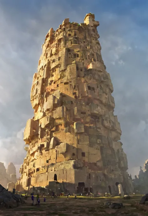 a tall tower made of rocks in a desert area