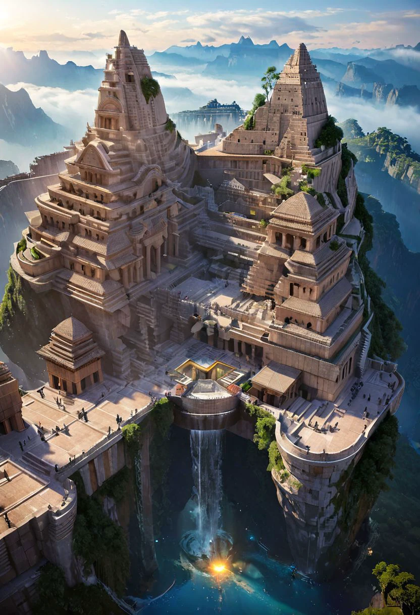 (Aztec, Maya:1.5), (The colonial city of the future, in the mist-filled Grand Canyon, on an unknown Earth-like planet, 2 moon on sky, Spaceship flight connects colonies, waterfulls:1.3), (Machu Picchu, a mountain settlement, incredibly spectacular:1.2), (Mario Botta:1.3), (avant-garde, future, reality, science fiction, photorealistic), (modern architecture:1.2), White limestone with black granite, fountain, waterfall, landmark, square, path, narrow street,
(Large Files, Ultra Realistic, 8K, 16k, FHD, HD, VFX, Perfect, Photography, composition, Architecture Sales Photography, Architecture Competition, Ultra High Resolution, Cinematography, High Resolution Image:1.1), (dramatic lighting, direct sunlight, ray tracing, clear shadow:1.2),  (real landscape:1.1), (blurred background:1.0), (urban background, more_details) ,
ac_neg1, great lighting, clear, hillscastel, extrusionbuilding, cliffbuilding