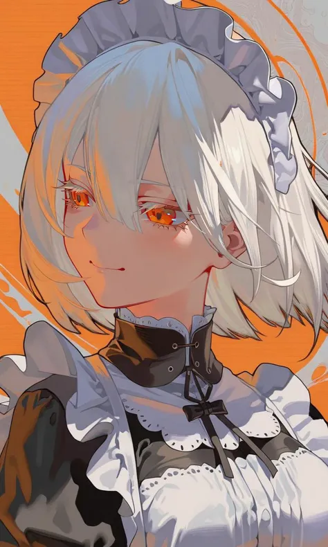 white hair, orange eyes, maid, light smile, half closed eyes, detailed, beautiful color, extremely detailed, (amazing quality:1....