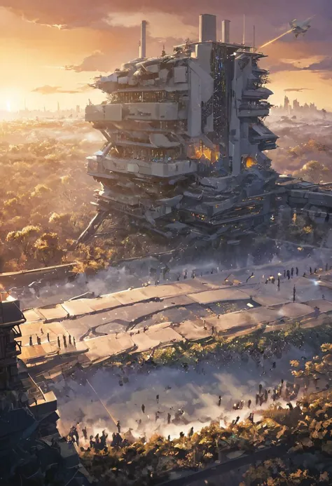 a painting of a futuristic city with a huge tower in the middle