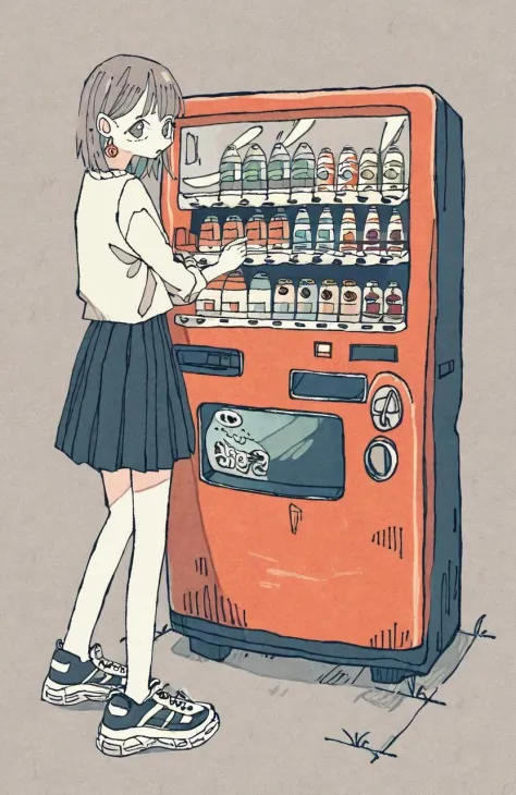 by tsvbvra, 1girl, vending machine, skirt, shoes, solo, shirt, standing, holding, can, pleated skirt, bottle, short hair