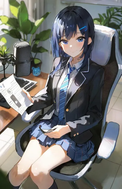 by dino, skirt, blue eyes, keyboard (computer), monitor, jacket, necktie, 1girl, sitting, smile, looking at viewer, shirt, chair, blue necktie, plaid skirt, solo, collared shirt, black jacket, hair ornament, computer, indoors, headphones, plaid, socks, plant, school uniform, blazer, bangs, blue hair, white shirt, long sleeves, striped necktie, pleated skirt, black hair, no shoes, hairclip, office chair, blue skirt, black socks, desk, microphone, closed mouth, open jacket, holding, potted plant